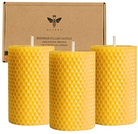 Beeswax Pillar Candles Set of 3 - Handmade Pure Beeswax Rolled Candles for Gift & Home Decor (2×3.3 in)