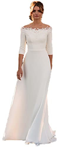WZEFEIO Abito da Sposa Vintage, 3/4 Maniche Fuori Spalla in Raso con Cerniera Posteriore, Bianco, 14W