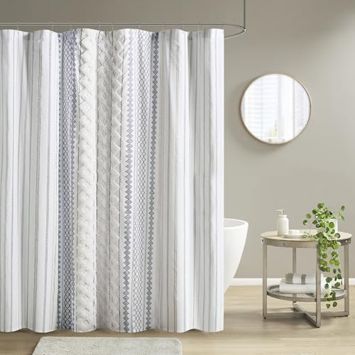 Ink+Ivy Tufted Chenille 100% Cotton Shower Curtains Machine Washable, Modern Home Bathroom Décor Bathtub Privacy Screen, 72 W x 72 L, White/Navy