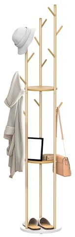 ybaymy Porte-manteau en métal doré autoportant pour chapeaux, écharpes et sacs - Porte-manteau moderne avec triple étagères