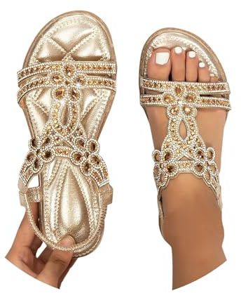 Ladies Faux Leather Open Toe Sling Back T-Bar Diamante Gem Stone Flat Gladiator Summer Sandals Slingback Sandals Causal Lightweight Slip On Slides Platform Slippers Footwear Beach Holiday Essential