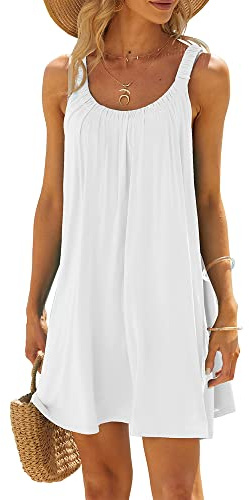 Acrawnni Women's Casual Summer Beach Dress Solid Color Sleeveless Short Sundress Loose Tank Tshirt 2025 Trendy Dress (A-White, M)