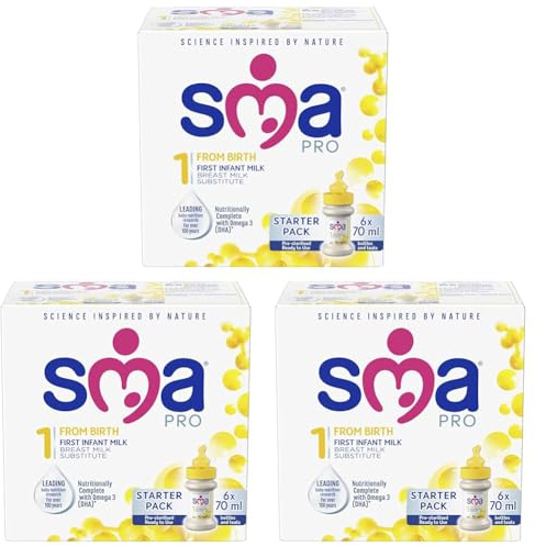 SMA PRO First Infant Baby Milk Starter Pack, Ready to Drink, From Birth (6x70ml) (Pack of 3)