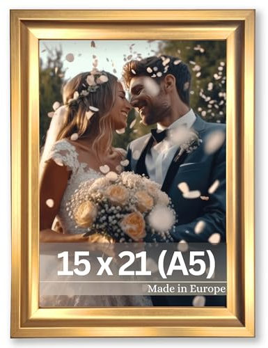 VictoR Renoir Bilderrahmen Gold 15x21 cm (A5) – Eleganter Vintage Kunststoffrahmen im Barockstil mit bruchsicherer Acrylglasscheibe und MDF-Rückwand