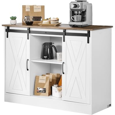 VEVOR Coffee Bar Cabinet, 41.8 x 15.8 x 32.1 in Farmhouse Coffee Bar Cabinet with 3-Tier Storage, Table with Barn Doors, Farmhouse Sideboard Buffet for Living Room, Entryway