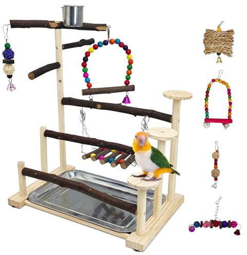 PINVNBY Bird Playground 9 PCS Parrot Perch Stand Play Gym Cockatiel Wood Bird Toys Birds Cage Accessories Playpen with Feeder Cups Hanging Swing Toys for Parakeet Conure Lovebird Cockatiel