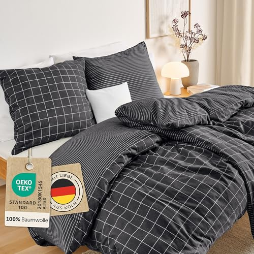 Blumtal Biber Bettwäsche 135x200 + 80x80 cm Baumwolle 2teilig - Flanell Bettwäsche 135 x 200 Oeko-TEX zert. & ultraweich - 60 °C waschbare Flanell Winterbettwäsche mit edlem Wendedesign - Anthrazit