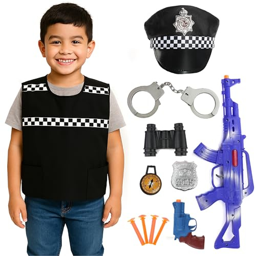 Polisdräkt för barn med hatt – väst, märke, leksakspistoler, handbojor och mer – rollspel maskeradkit för pojkar och flickor