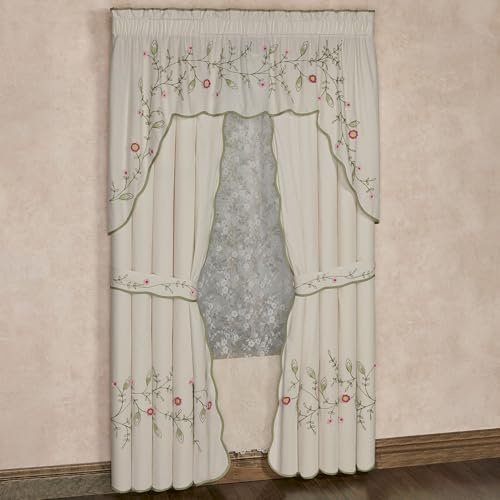 Posy Cottage Garden Lined Cotton Window Treatments | Chain Stitch Embroidery & Crochet Fiber Art Floral and Leaf Vine Designs | Rod Pocket Drapery Set with Contour Swag Valance & 84L Curtain Pair