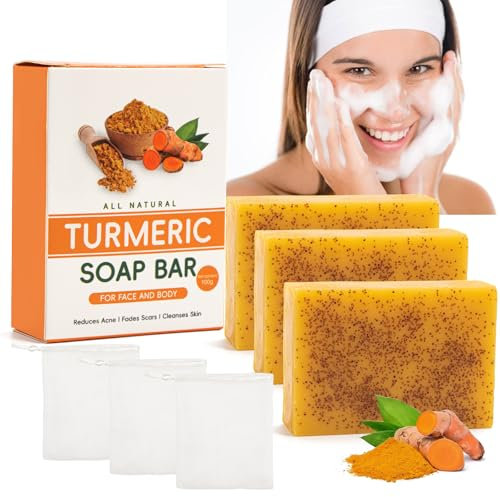 3PCS Turmeric Soap Bar, Natural Handmade Turmeric and Kojic Acid Soap with Foaming Nets for Face & Body Acne, Dark Spots, Hyperpigmentation, Smooth Skin (3)