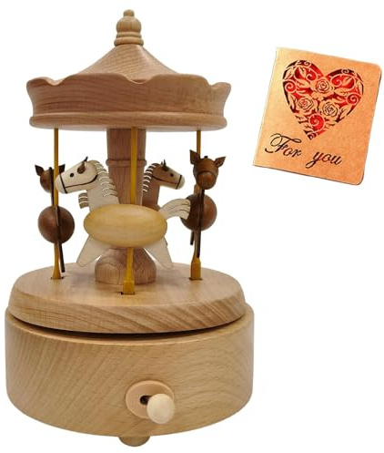Briskfeel Wooden Carousel Music Box with Moving & Elevating Horses, Rotating Wind-Up Decor, Collectible Mechanical Musical Box, Timeless Gift