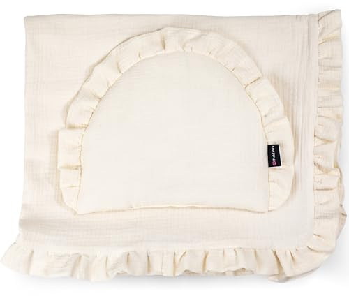 PinkZebra Biancheria da letto in mussola con volant per neonati, set di biancheria da lettino: morbido cuscino piatto + coperta a 4 strati in 100% cotone biologico, coperta morbida, coperta per