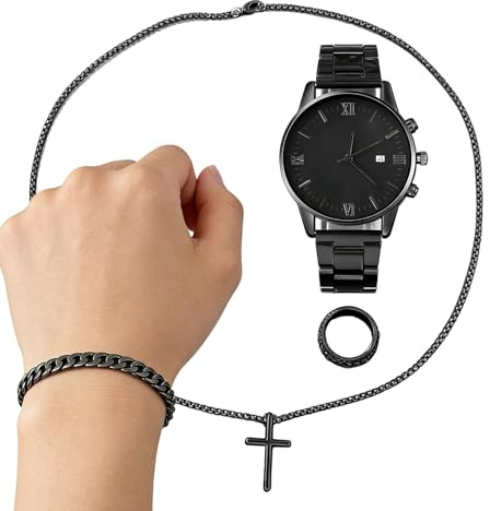 Set di gioielli da uomo – orologio da polso casual alla – Set di orologi, collana, bracciale e anello, per marito, fidanzato, padre, papà, lui, famiglia, amici, compleanni | Set orologio e bracciale da uomo per marito, padre, papà, lui, famiglia, amici, compleanni, anniversari, vacanze