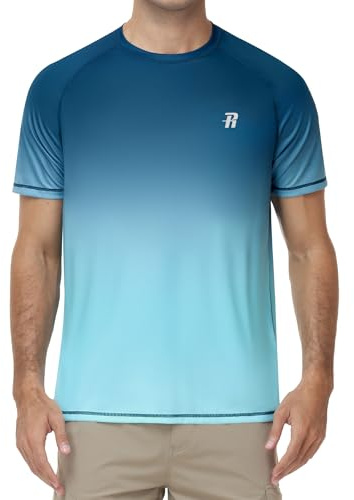 Runhit Mens Swimming Shirts UPF 50+, Quick Dry Lightweight SPF Rash Vest Short Sleeve, Breathable UV Sun Protection Swim Top for Running Fishing & Outdoor Sport, Teal Gradient L