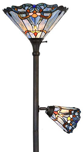 Bieye L30686 Baroque Tiffany Style Stained Glass Torchiere Floor Lamp Double Lit with 14 inch Wide Blue Shade and 6 inch Wide Rotatable Shade for Working Reading Living Room Bedroom, 71 inch Tall