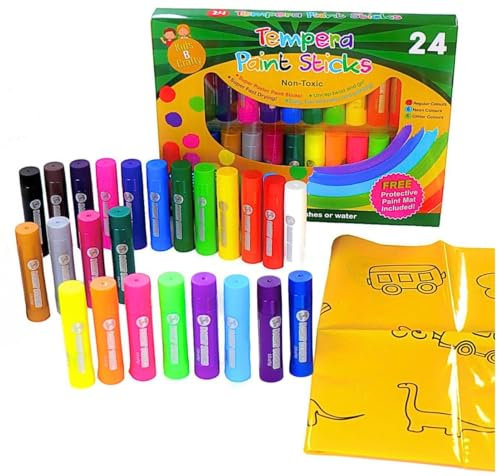 Kids B Crafty Paint Sticks for Kids – 24 Assorted Colours (Classic, Neon, Metallic) | Washable, Mess Free, Quick Drying | Kids Painting Set with Table Cover – Age 3