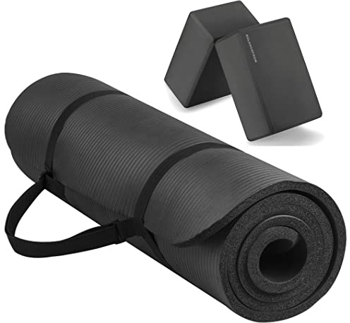 Fitvids Tapis de yoga multi-usage extra épais de 1,27 cm haute densité anti-déchirure avec sangle de transport et blocs de yoga, noir