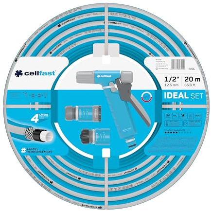 Cellfast Ideal Garden Hose Set, Robust, Flexible, 4-ply, Sprinkler, UV and Algae Resistant, Reach Technology, 27 bar, -20/+60° Short-Term 1/2 inch, 20 m