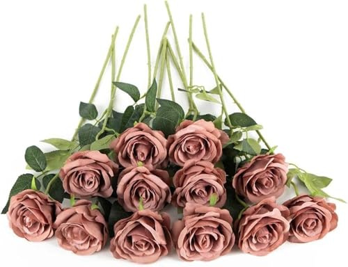 Laelfe 12 Pcs Dusky Pink Roses Artificial Flowers, 53 cm Long Stem | Realistic Faux Silk Flowers, Fake Rose for Wedding Bridal Bouquet Party Table Centerpiece Home Garden Hotel Office Decors