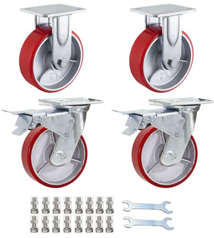Legines 6 Inch Heavy Duty Casters Set of 4 Heavy Duty 6 X 2 Industrial Casters - 2 Fixed and 2 Swivel Caster Wheels with Brakes - Locking Casters with Quiet Polyurethane 5000 lbs Capacity