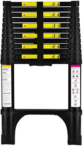 Escalera telescópica de 3.8 Metros con pies Antideslizantes, Escalera Plegable de Aluminio Ligero para altillos, Casas rodantes, Exteriores e Interiores, Capacidad de Carga de 150kg.Negro