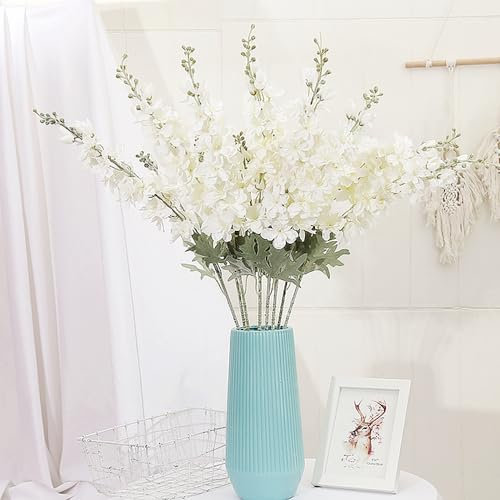 Xshelley 5pieces (86cm) Delphinium Artificial Flower Faux Larkspur Long Stem Fake Floral Silk Bouquets Plant,Silk Flowers for Home Decor Indoor Outdoo (white)