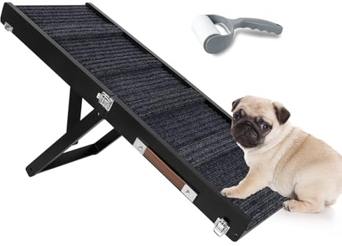Umtiti Black Wooden Framed Folding Portable Pet Ramp. 4 Levels Adjustable 9 to 17.3 with Non-Slip 5 Paw Traction Mat for Small Medium Doggie. Dog Ramps-80penBK,UK