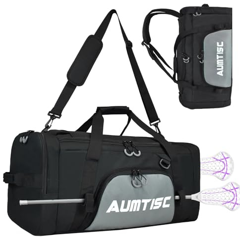 AUMTISC Sac de crosse, peut être utilisé comme sac à dos ou sac de sport, 2 supports de bâtons et compartiment séparé à crampons, grande capacité de 75 l pour contenir tous les équipements de crosse