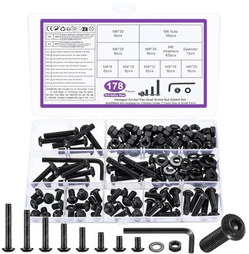 Lot de 178 vis M6 à six pans creux - Vis filetées noires avec écrous et rondelles - Vis à tête bombée et écrous de vélo - Avec clés