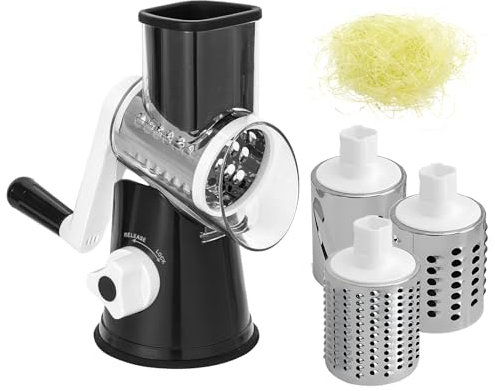 Rotary Cheese Grater, Vegetable Slicer with 3 Interchangeable Stainless Steel Drum Blades, Effortless Slicing and Dicing, 3-in-1 Handheld Vegetable Choppe for Cheese, Vegetables and Nuts(Black)