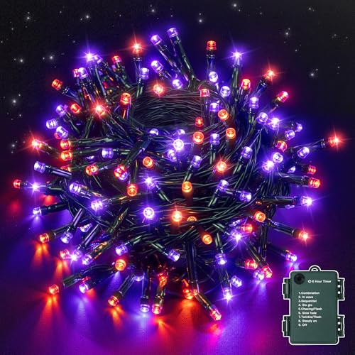 Ollny Halloween Lights Outdoor Decorations, 10m 100 LEDs Fairy Lights Battery Operated, Orange and Purple Battery Powered String Lights Waterproof with Timer/8 Modes for Indoor Outside Garden Tree
