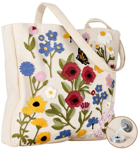 Miss Adola Buckle Embroidery Canvas Tote Bag for Women, Retro Flowers
