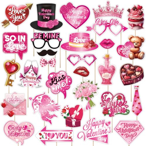 Valentines Day Photo Booth Props, Kaluofan 30 PCS Valentines Photobooth Party Props, Photo Booth Prop Valentine's Day Party Decorations Romantic Pink Valentine's for Wedding Engagement Accessories