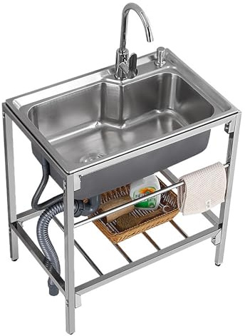 Lavello Inox per Ristorante - Singolo 72x47x85cm con Supporto e Rubinetto