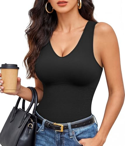 YERKOAD Black Bodysuits for Women Tummy Control - Sleeveless Seamless Shapewear V Neck Snatched Body Faja - Small