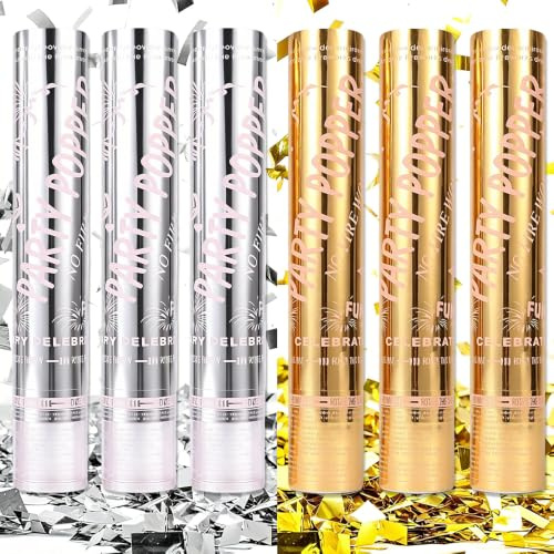 6 Pcs Gold Confetti Cannon, Gold Silver Confetti Cannon | Multi-Coloured Confetti Popper Party Shooter, Great for Wedding Birthday Graduation Anniversary Christmas