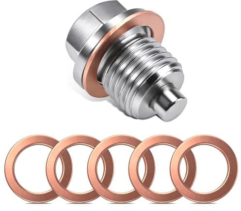 Lanstorm Magnetic Oil Drain Plug,M14x1.5 Oil Sump Plug with 5 Copper Washer | Stainless Steel Sump Drain Nut Bolt, Universal Sump Plug Replacement, Fit for Most Car Model Motorcycle Engine