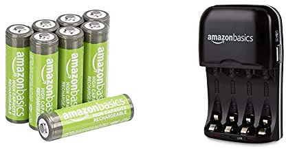 Amazon Basics - Pile Ricaricabili Stilo AA ad alta capacità (8 pezzi) e Caricabatterie con porta USB