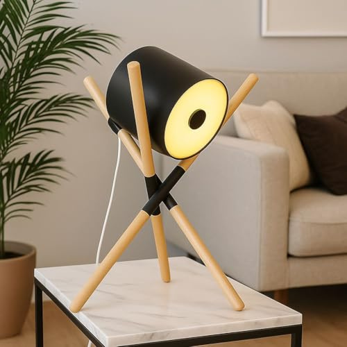 BarcelonaLED Tischleuchte aus Holz, schwenkbar, modernes nordisches Design, Schwarz, mit 3 Fassungen E27, LED-Schalter für Studio, Büro, Wohnzimmer, Kopfteil