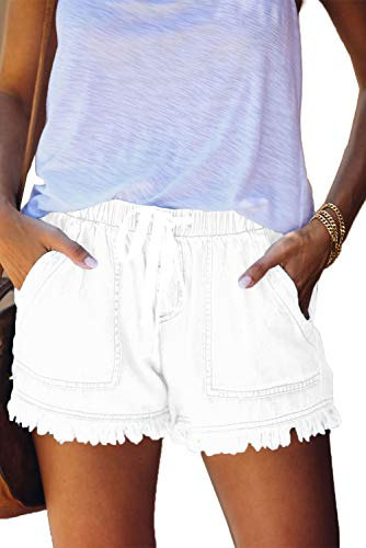 HVEPUO Linne- och bomullsshorts för damer, med elastiskt band, hotpants för sommaren, breda och korta byxor, A-vit, M
