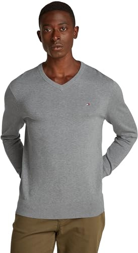 Tommy Hilfiger Jersey Hombre Essential Cotton con Cuello de Pico, Gris (Medium Grey Heather), M