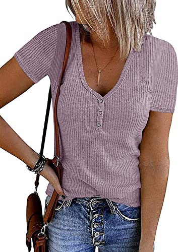 MEROKEETY Women's Summer Short Sleeve V Neck T Shirts Casual Ribbed Button Henley Knit Tops Blouse, Taro, M