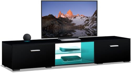 MDA Designs AVIOR Black with Gloss Black Doors Modern TV Cabinet for Flat TV Screens of up to 75 Entertainment Unit with LED Lights