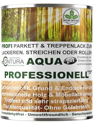 Contura 750ml. Parkettlack Grundierung und Parkettsiegel Aqua Professionell Treppenlack 2in1 Geruchsneutral 100% Vegan (Glänzend Farblos)