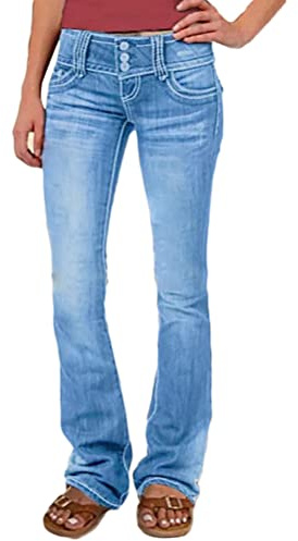 shownicer Jeans Femme Evasé Pantalon Taille Basse Évasé Jeans Casual Vintage Slim Stretch Pantalon Streetwear Chic A Bleu Clair M