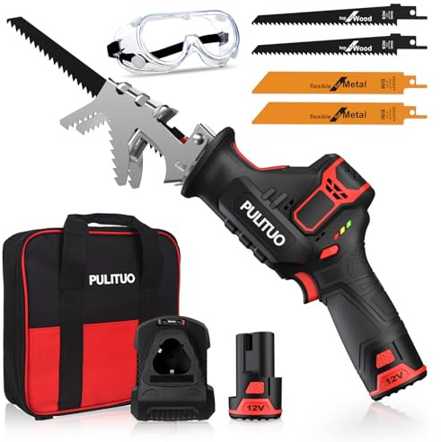 PULITUO Cordless Reciprocating Saw, Speed 3000SPM，with Clamping Jaw, 2000 mAh Battery/ 1-Hour Fast Charge,Safety Gloves& Goggles, 4Pcs of Saw Blades for Wood/Metal/PVC