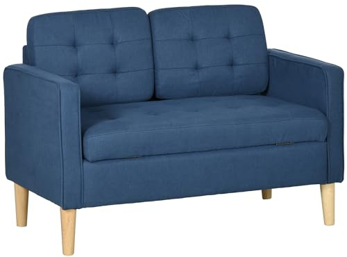 HOMCOM 2 Seater Storage Sofa, Fabric Couch with Hidden Under Seat Storage, Thick Cushions, Compact Space Saving Settee with Rubberwood Legs for Living Room, Apartment, Blue