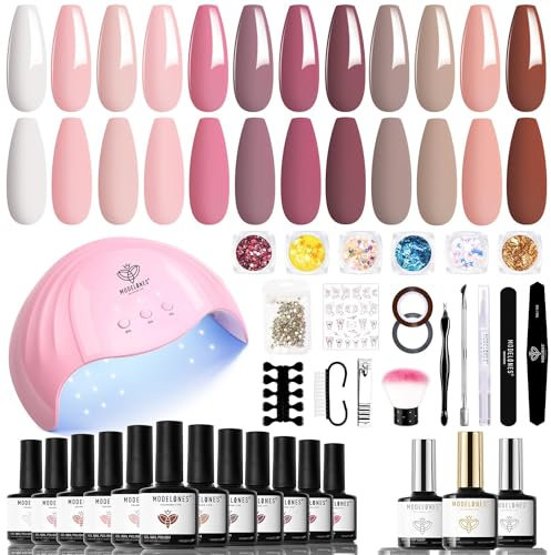 Modelones 35 PCS Gelnägel Starterset, Uv Nagellack Set mit Lampe 48W, Braun Nude Weiß Rosa Gel Nagellack Set, Gellack UV Nagelset mit Base Top Coat Nagelstudio Set