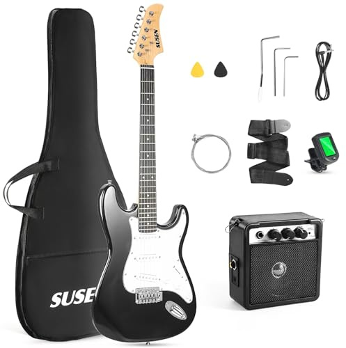 Electric Guitar, 39 Inch Solid Full-size Electric Guitar S-S-S Pickups Starter Kit Includes Amplifier, Bag, Digital Tuner, Strap, String, Cable, Picks，Mini AMP（Black)