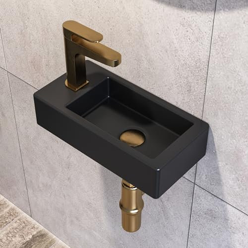 DeerValley Kleines Waschbecken Gäste WC DV-1V0091L Schwarz Matt Rechteckig Keramik Zum Aufhängen für Badezimmer, Handwaschbecken, WC, 365 x 180 x 90 mm Wasserhahn Links